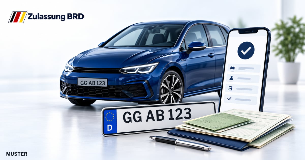 Online Fahrzeugzulassung in Ginsheim-Gustavsburg: Musterkennzeichen GG AB 123, Auto und Fahrzeugpapiere und Smartphone. Illustration mit Logo von Zulassung BRD.